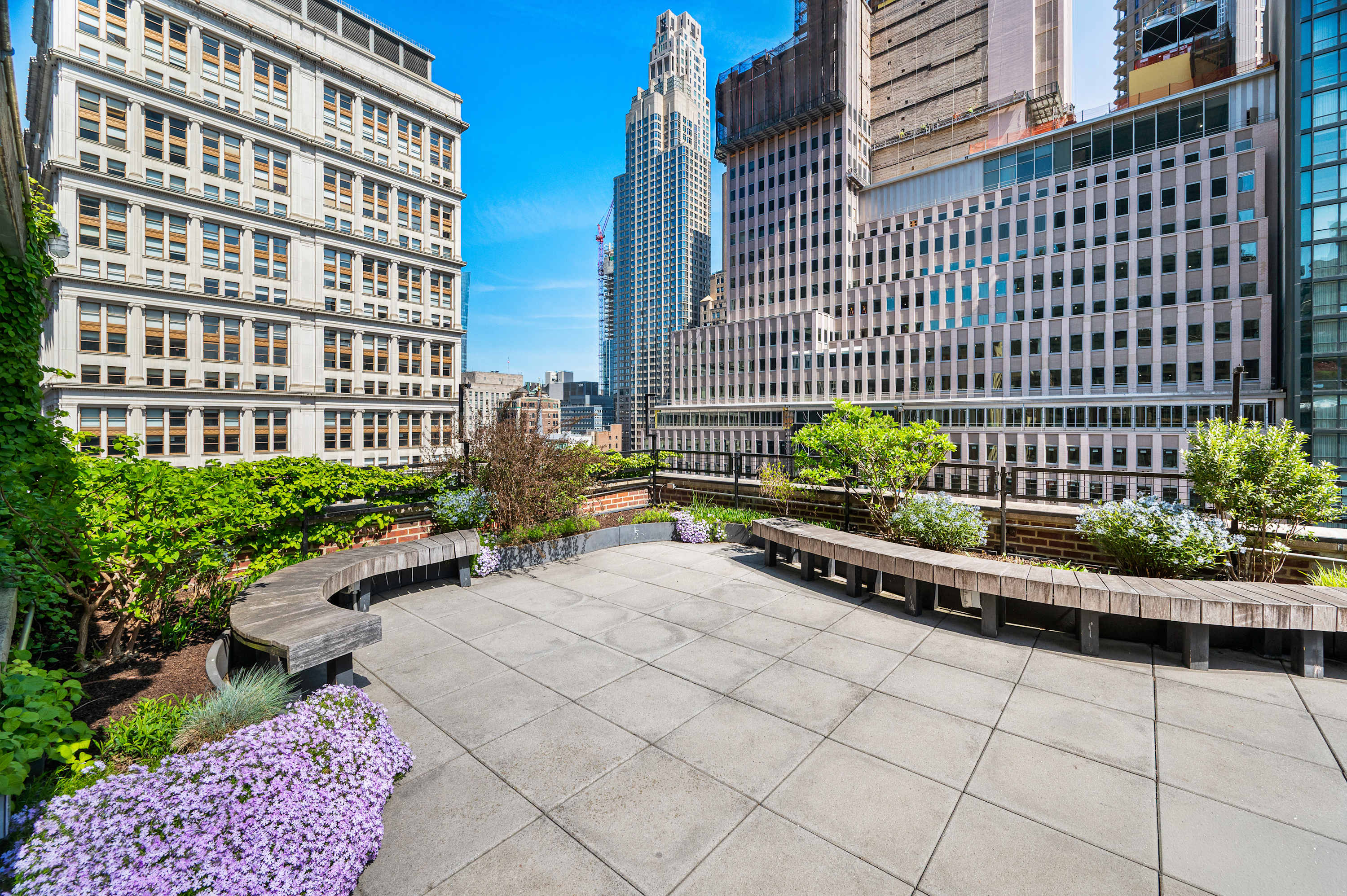 Outdoor terrace with benches and planters under a blue sky at 17 John.