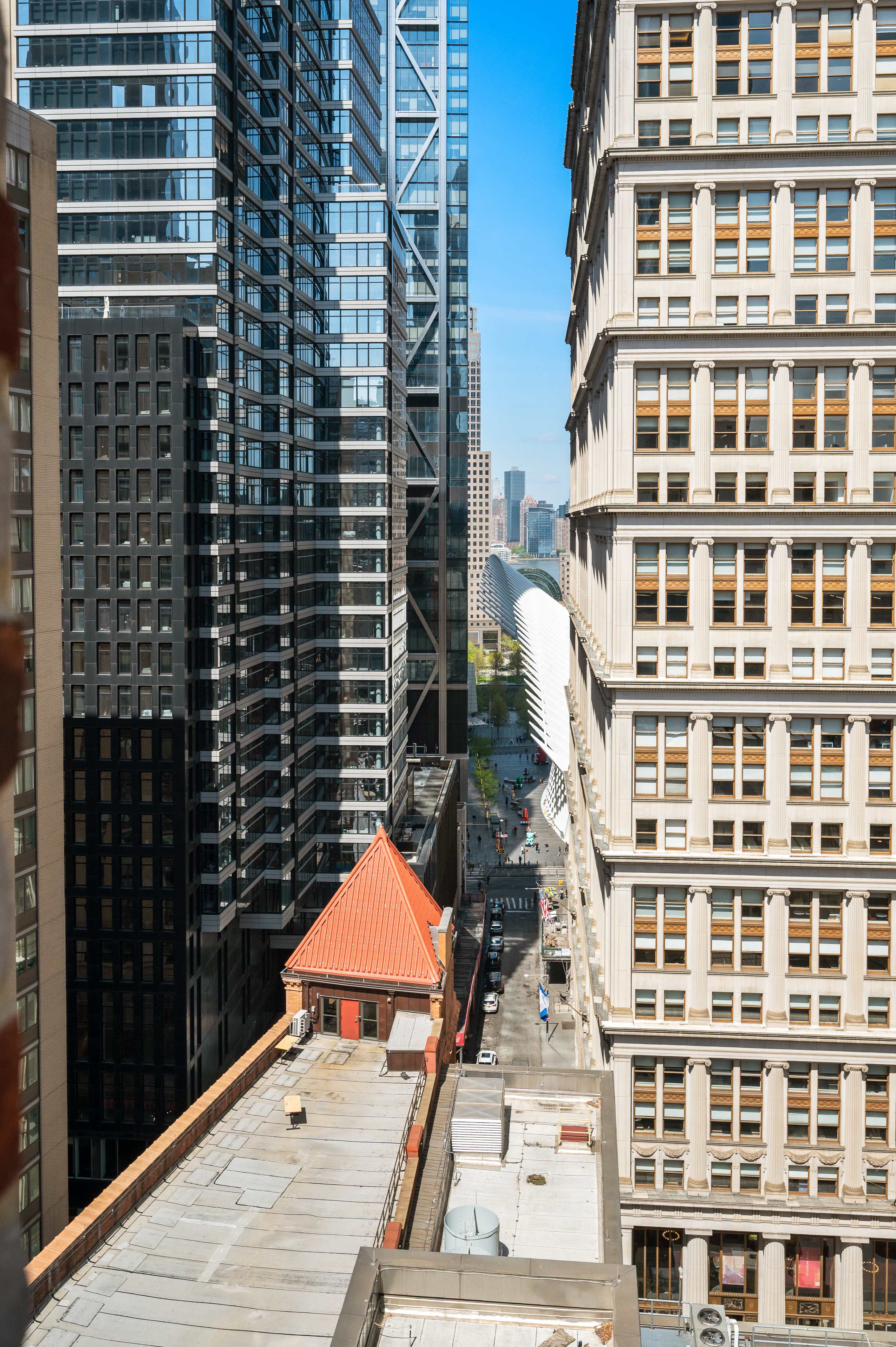 Aerial view of Financial District streets and rooftops near 17 John Street