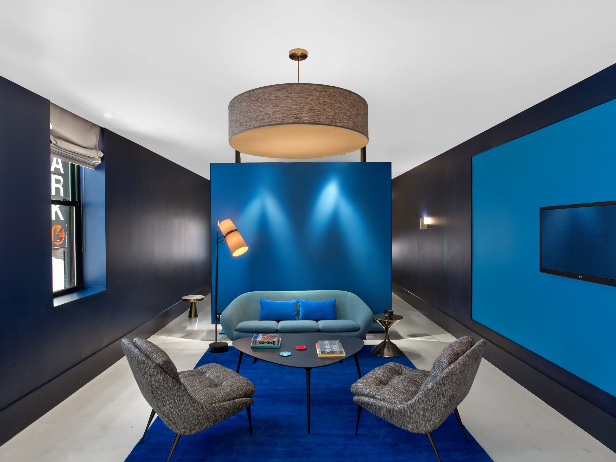 King Studio living area with blue feature wall, sofa and lounge chairs