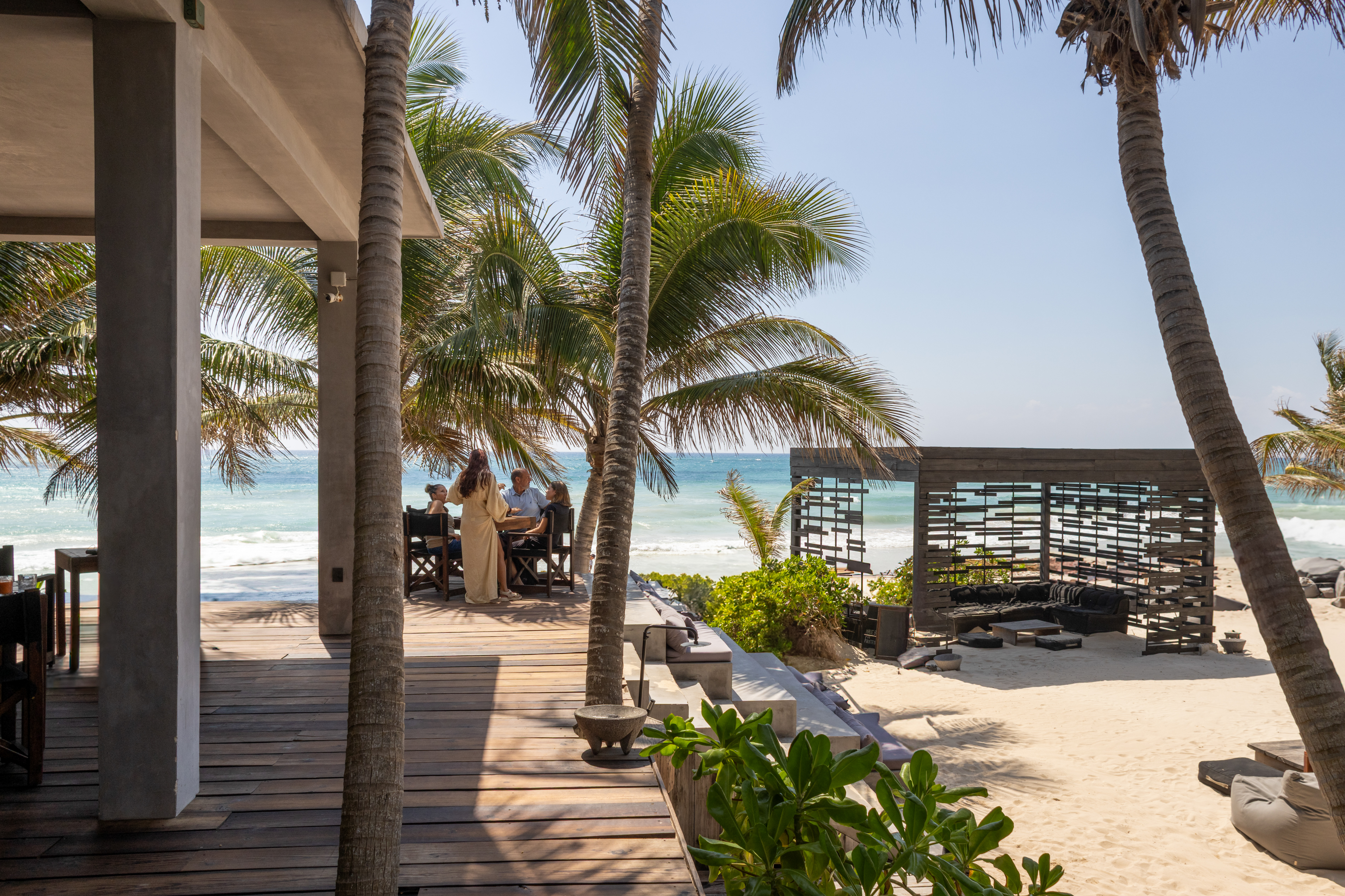 The restaurant terrace looking out to the beach